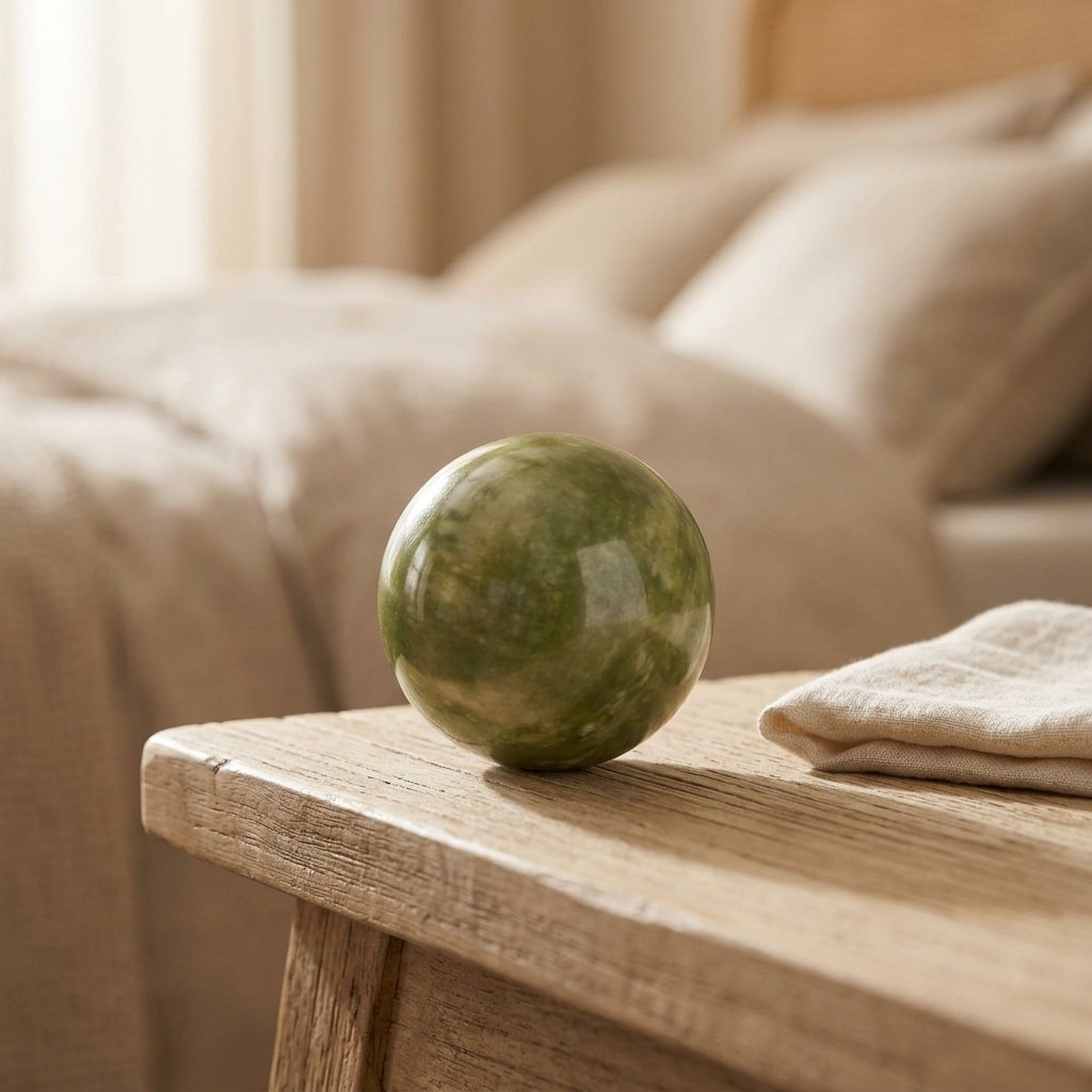 Jade stone massage ball on a bedside table with linen towel