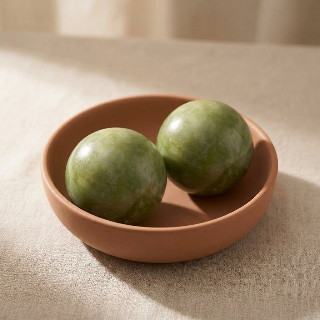 Pair of jade stone massage balls resting in a ceramic bowl