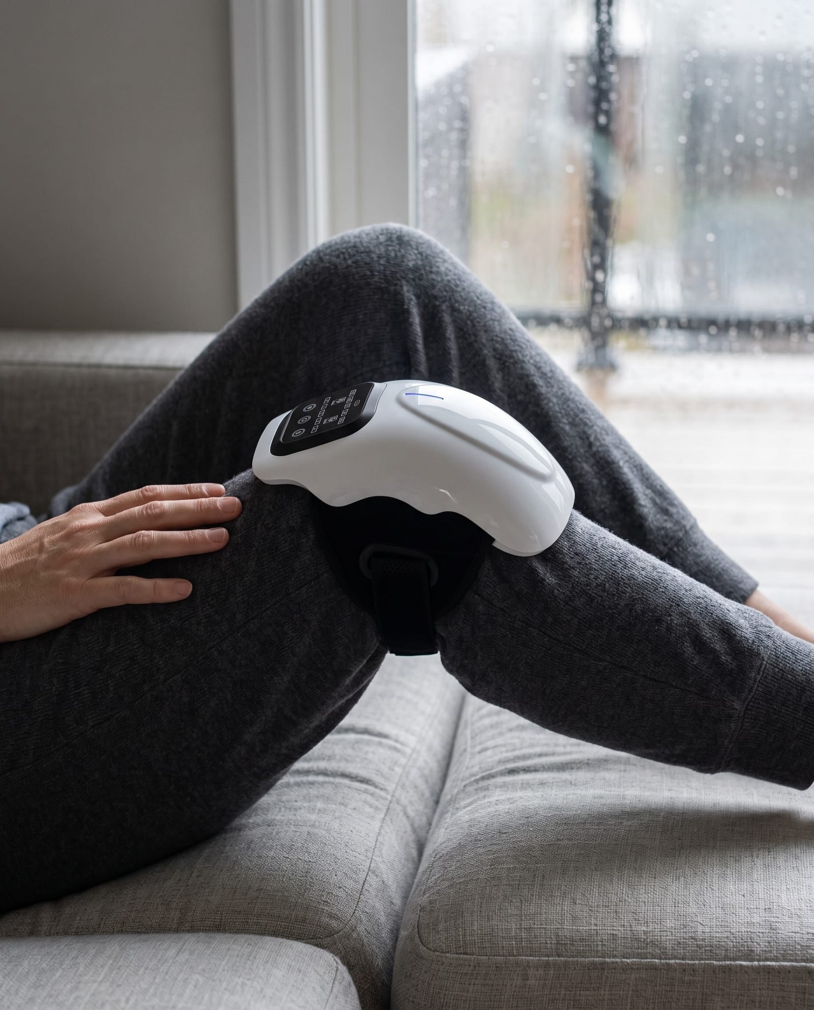 The heated knee massager strapped on a knee, seated on a couch